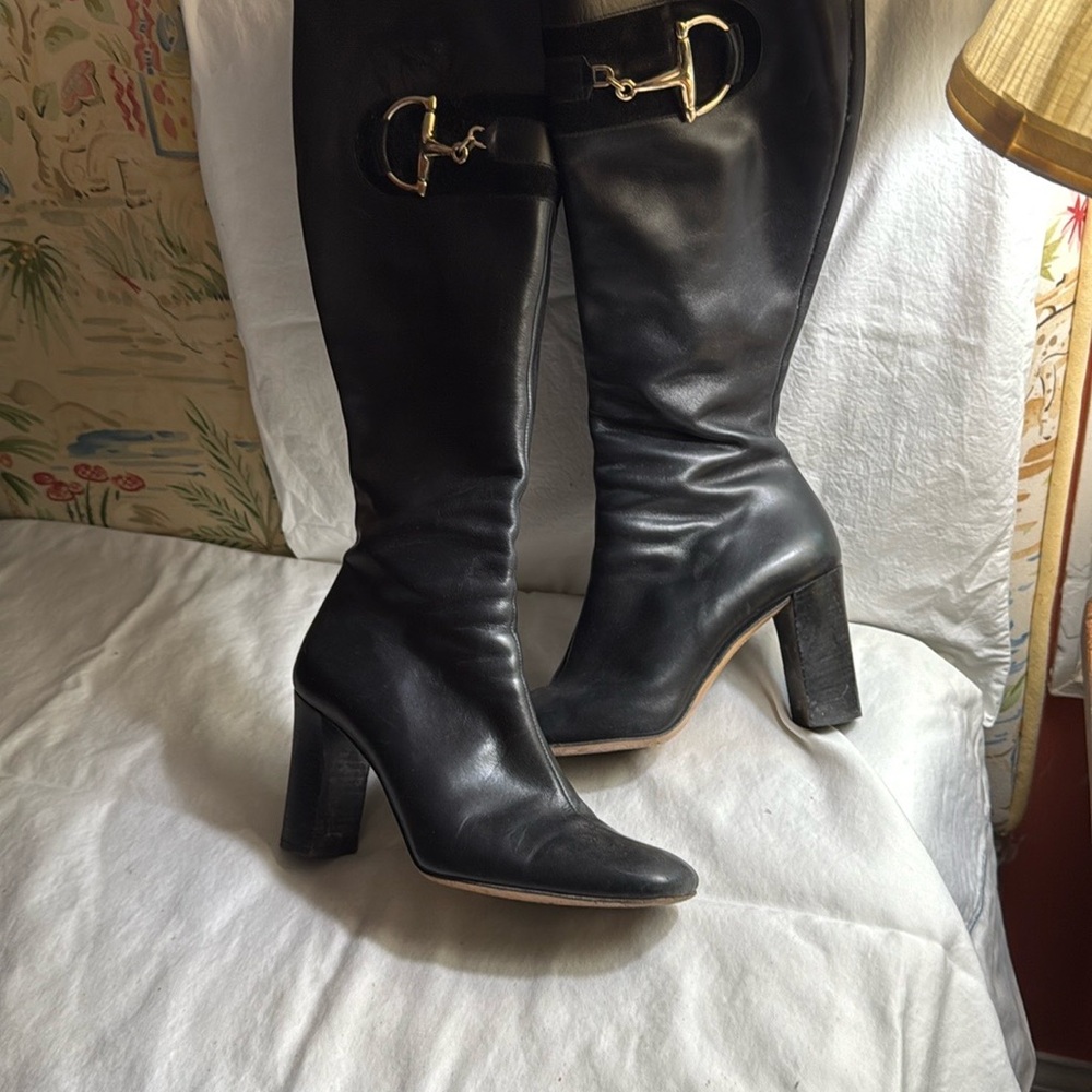 Gucci Black Heeled Boots with Gold Hardware